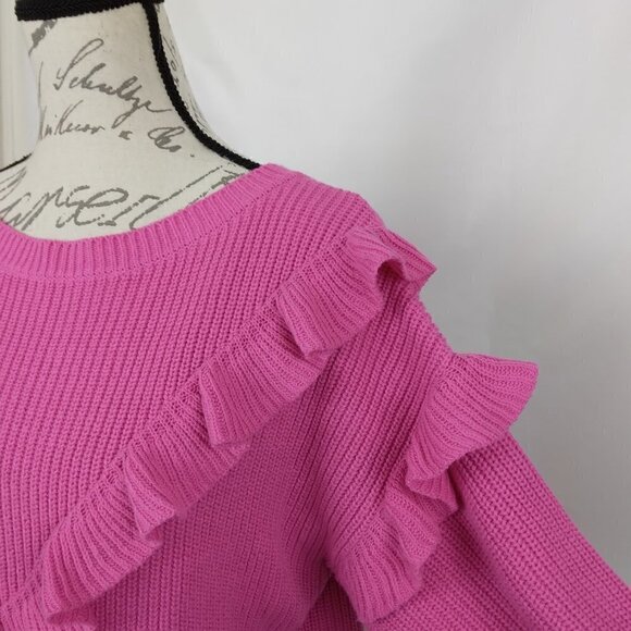 Express | Fuchsia Pink Ruffle Ribbed Oversized Sweater | Size S - Picture 3 of 6